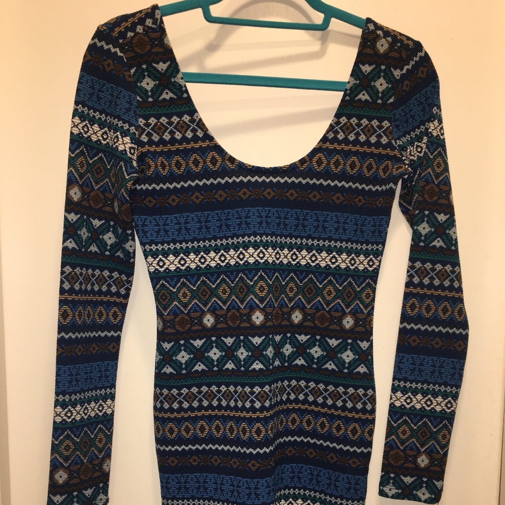 Blue Print Long Sleeve Dress